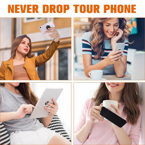 Slick Grip Zinc Alloy Cell Phone Ring Holder With Smooth 360 Rotation Double Fold Finger Kickstand And Rock Solid Desktop Stand Universal Compatibility Silver Edition Drop Guard in use during phone calls and selfies.