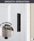 Matte Black 4x4 Inch Interior Door Hinges Set, Heavy Duty 18 Pack With 108 Screws shown in easy installation on white door.