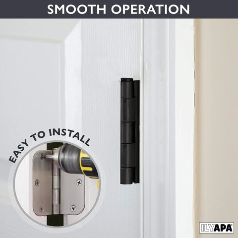 Matte Black 4x4 Inch Interior Door Hinges Set, Heavy Duty 18 Pack With 108 Screws shown in easy installation on white door.
