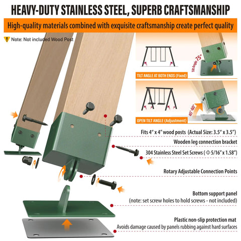 Illustration of Heavy Duty Swing Brackets Leveling Base Kit with 45 to 60 degree adjustable stainless steel anchor for swing sets