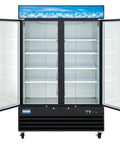Heavy Duty Two Door Merchandising Freezer Featuring Slick Black Panels And A Generous 53 Inch Profile, open view with shelves.