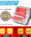 NEONLG wireless trailer light kit, front view: red LED tail light with clear lens; close-up shows ceramic base chips.