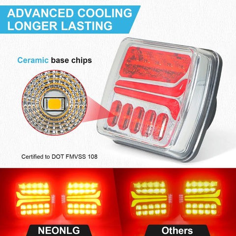 NEONLG wireless trailer light kit, front view: red LED tail light with clear lens; close-up shows ceramic base chips.