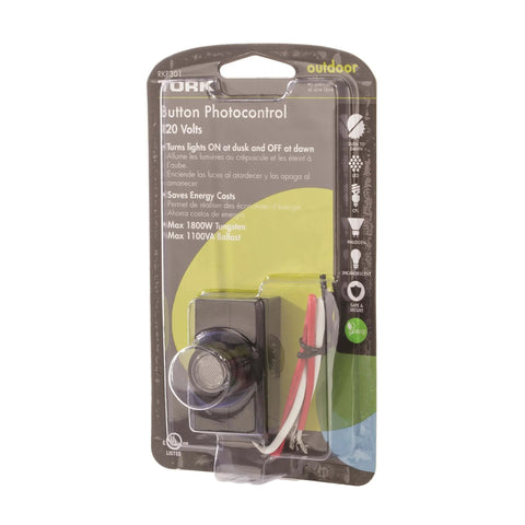 Packaging of Tork RKP301 Outdoor 120-Volt Button Photocontrol Dusk To Dawn Sensor for exterior lighting, showing product details