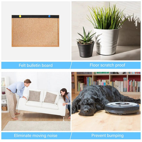 Image showing felt bulletin board, plants on floor, sofa being lifted, and dog near robot vacuum, illustrating furniture protection.