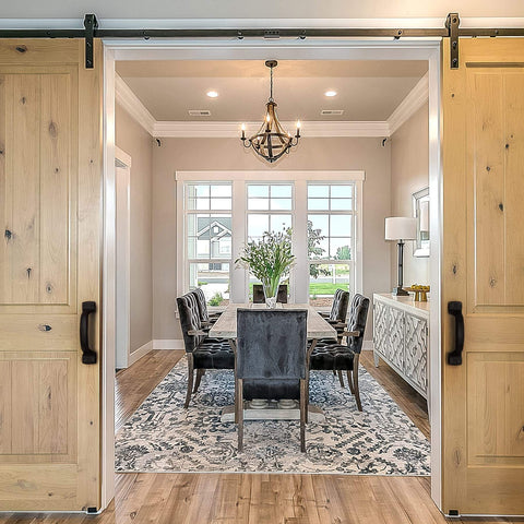 Dining room with Rustic Barn Door Hardware Set Of 2 Black Cast Iron Gate Handles 7 Inch Heavy Duty Sliding Door Pulls visible