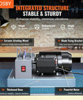 Keep Your Lawn Sharp Without Any Sweat Using This Heavy Duty Bench Grinder Featuring A Rock Solid 500 Watt Motor And Tough Ceramic Cutting Discs For High Lift Low Lift And Flat Mower Blades, showing grinder with ceramic disc and base.