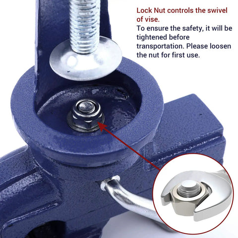 Close-up of lock nut on Beefy Clamp On Table Vise With 360 Degree Swivel Base For Woodworking And Metalworking, blue color