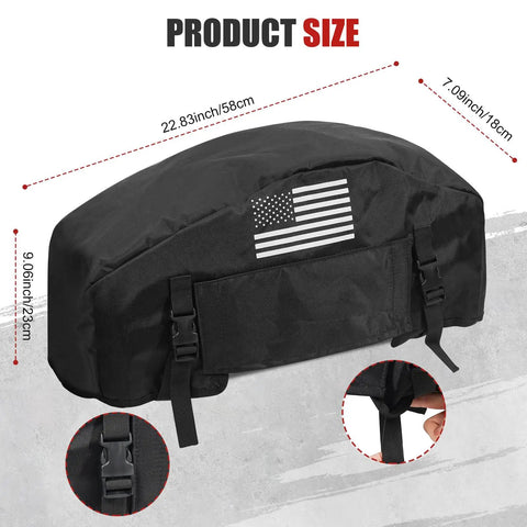 Heavy Duty Winch Cover With American Flag Design Waterproof Dustproof Protection For Universal Fit On 8K To 13500 Lb Electric Pulling Machines Gear Outdoor Truck Jeep Accessories with size dimensions shown.