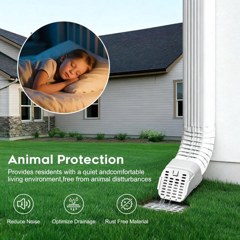 Heavy Duty Gutter Downspout Extension And Type A Diverter Kit Featuring Removable Leaf Guard Plus Splash Shield Outlet Filter With No Sweat Installation And Drainage That Works Like A Charm On 2X3 And 3X4 Downspouts White Two Pack near a house on green grass.