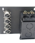 Sturdy Recessed Floor Box With Four XLR And One Duplex AC Outlet Heavy Duty Steel Hinged Door With Cable Grooves angled view