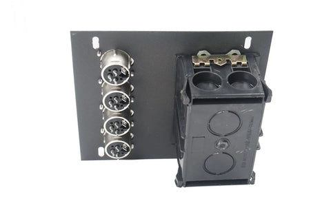 Sturdy Recessed Floor Box With Four XLR And One Duplex AC Outlet Heavy Duty Steel Hinged Door With Cable Grooves angled view