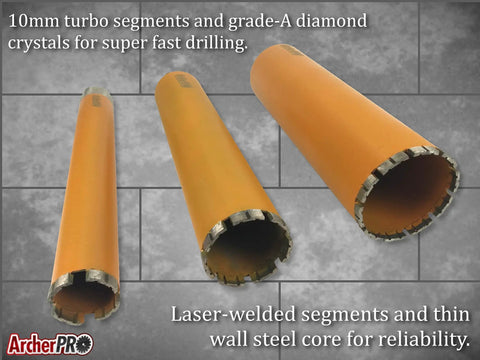 Three orange Five Inch Diamond Turbo Core Drill Bits And Hole Saws For Concrete And Masonry, 14 Inch Drill Depth displayed