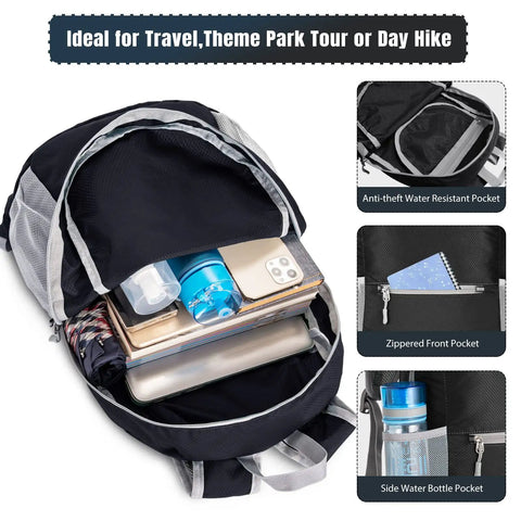 Open Ultra Lightweight 20L Packable Hiking Backpack For Men And Women, showing contents and features like water resistant pocket.