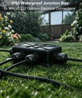 IP65 Waterproof Outdoor Junction Box with Cable Glands for Lever Nut Connectors, installed in garden setting.