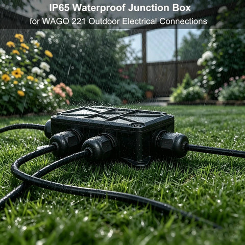 IP65 Waterproof Outdoor Junction Box with Cable Glands for Lever Nut Connectors, installed in garden setting.