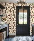 Vintage Wild West Peel and Stick Wallpaper Self Adhesive for Rustic Barn Decor with cowboys and boots design in an entryway.