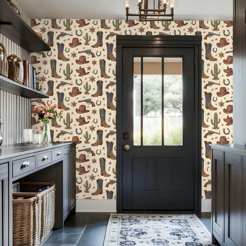 Vintage Wild West Peel and Stick Wallpaper Self Adhesive for Rustic Barn Decor with cowboys and boots design in an entryway.