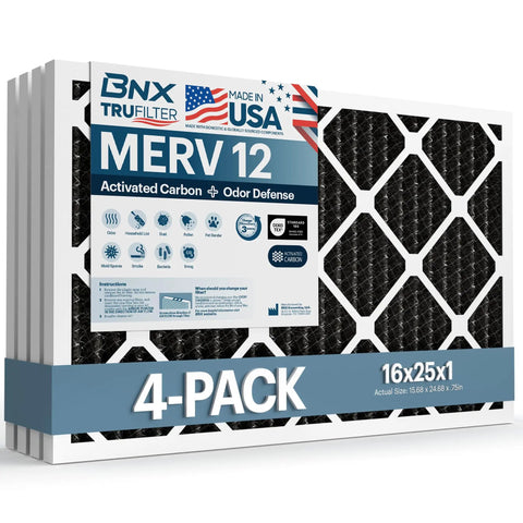 Odor Defense MERV 12 Air Filter 16x25x1 with Activated Carbon 4 Pack for AC and HVAC Systems Made in USA