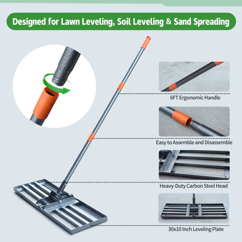Heavy Duty Carbon Steel Lawn Leveling Rake 6 Ft Yard Leveler For Soil Sand Grass 30 By 10 Inch, ergonomic handle and assembly details