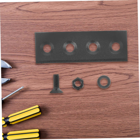 Barn Door Hardware Track Black Connectors Low Profile Repair Kit with metal plate, bolt, and tools on wooden surface