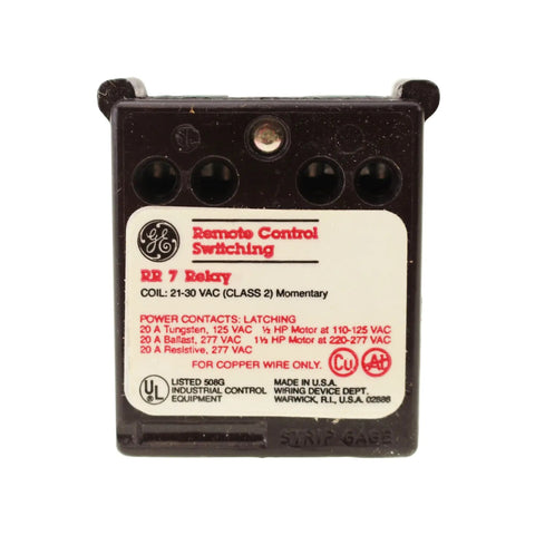 Front view of RR7 Remote Control Relay 21 To 30V AC Coil 277V 20A SPST With 5 Pin Yellow Plug End Snip For Non Digital Panels