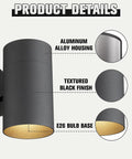 Product details showing Rugged Outdoor Wall Light Sconce Exterior Fixture Waterproof Matte Black Finish Built Tough Die Cast Aluminum