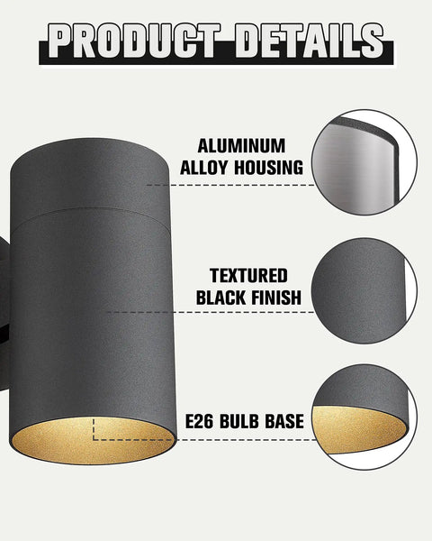 Product details showing Rugged Outdoor Wall Light Sconce Exterior Fixture Waterproof Matte Black Finish Built Tough Die Cast Aluminum