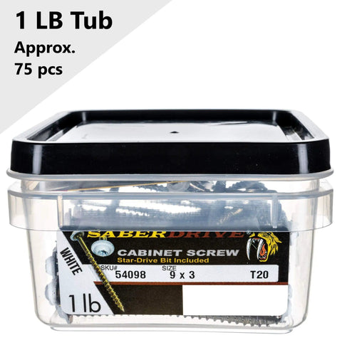 #9 X 3 Inch Saberdrive White Cabinet Wood Screws One Pound Pack in clear tub, features star drive bit included for easy use.