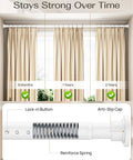 Heavy Duty Tension Curtain Rod No Drill Extendable 42 To 123 Inches Anti Slip Spring Loaded Renter Friendly White Curtain Rod For Windows Bathrooms Patios Room Dividers, showing durability over time and detailed lock-in button with anti-slip cap.