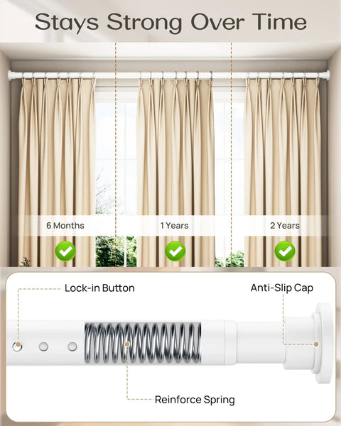 Heavy Duty Tension Curtain Rod No Drill Extendable 42 To 123 Inches Anti Slip Spring Loaded Renter Friendly White Curtain Rod For Windows Bathrooms Patios Room Dividers, showing durability over time and detailed lock-in button with anti-slip cap.
