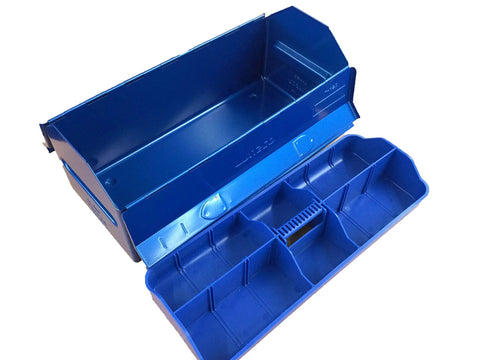 Open Hip Roof Two Way Cover Tool With Tote Tray L450B Blue Durable Storage Organizer showing compartments and tray