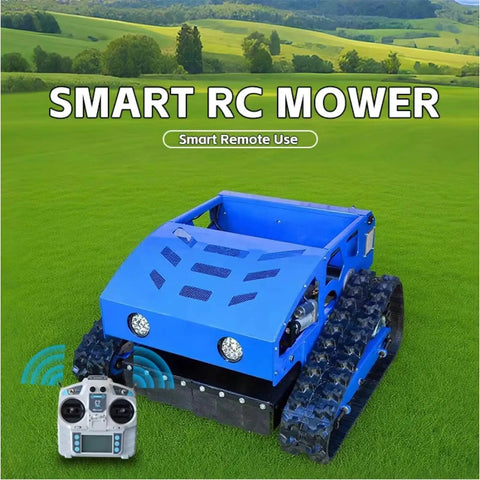 Remote Control RC Tracked Lawn Mower For Slopes And Uneven Terrain in use on green lawn with remote control