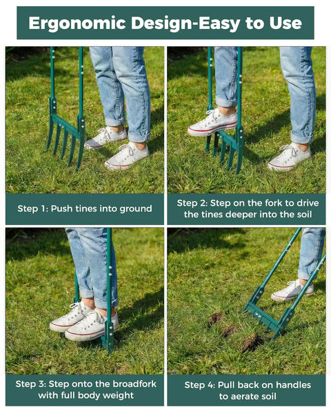 Steps to use Beefy Heavy Duty Broadfork Garden Tool With Five Tines 54 Inch Long Manual Soil Tiller on lawn