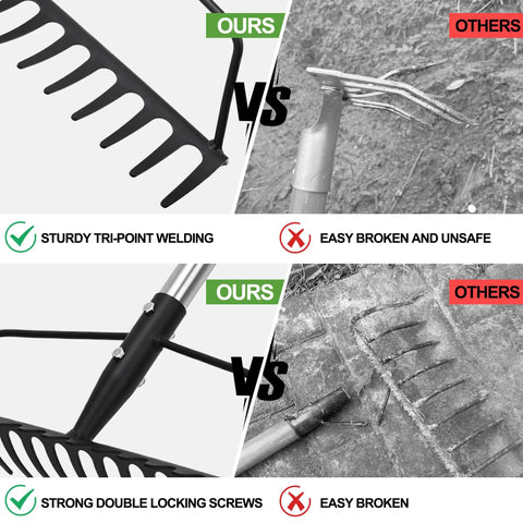 Comparison of Heavy Duty 16 Tine Bow Rake With Adjustable Stainless Steel Handle and weaker alternatives, highlighting strength features.
