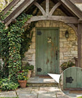Rustic shed door with Eight Pack 4.5 Inch Antique Cast Iron T Hinges, Heavy Duty Black Powder Coated Wrought Iron, installed close-up