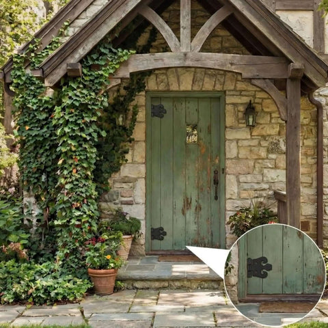 Rustic shed door with Eight Pack 4.5 Inch Antique Cast Iron T Hinges, Heavy Duty Black Powder Coated Wrought Iron, installed close-up