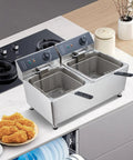 Festisoul 22Qt Double Commercial Electric Deep Fryer, 3400W Powerful Heating System with stainless steel and two baskets.