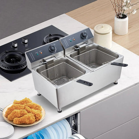 Festisoul 22Qt Double Commercial Electric Deep Fryer, 3400W Powerful Heating System with stainless steel and two baskets.