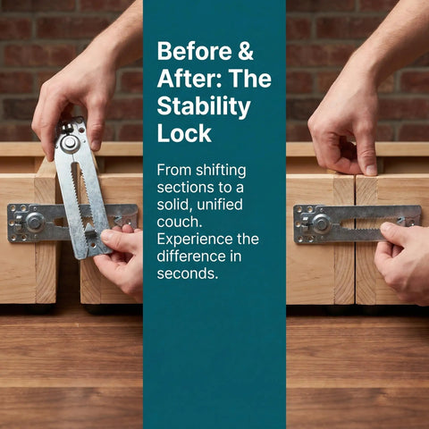 Hands demonstrating Heavy Duty Sectional Sofa Connectors 4 Pack Interlocking Alligator Style Couch Couplers before and after installation.