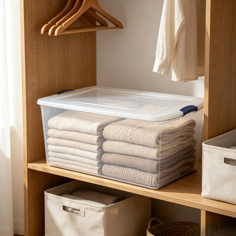 Ginormous 105 Quart Clear Storage Bin With Blue Secure Latch Heavy Duty Plastic Tote For Bulky Seasonal Gear And Bedding Keeps Your Space Spiffy And Makes Organization A Breeze, filled with neatly folded blankets on a wooden shelf.