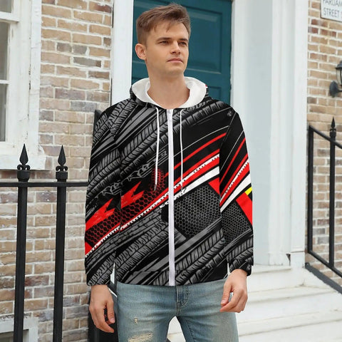 Mens Fire Graphic Zip Up Hoodie Heavy Cotton Fleece Jacket Street Style Drawstring Sweatshirt With Drip Ready Tread Texture For Daily Grind And Laid Back Activities XX Large worn by a model outdoors.
