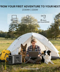 A Legit Reliable Portable Power Station Packing 2330Wh LifePo4 Cells And Five Fast Ac Outlets As Your Go To Solar Generator For No Sweat Camping Or Total Home Backup Ease, used outdoors with a man and dogs.