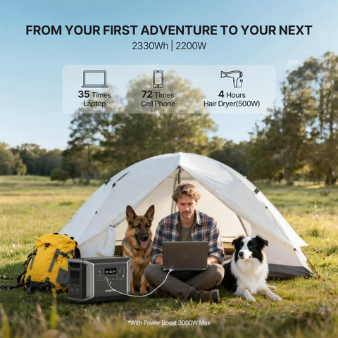 A Legit Reliable Portable Power Station Packing 2330Wh LifePo4 Cells And Five Fast Ac Outlets As Your Go To Solar Generator For No Sweat Camping Or Total Home Backup Ease, used outdoors with a man and dogs.