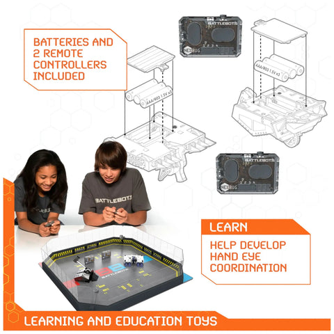 Kids playing with Hella Entertaining BattleBots Arena Remote Control Robot Building Kit, showcasing remote controllers and arena layout.