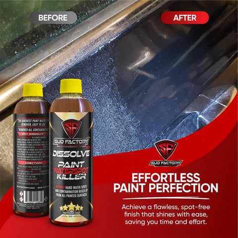 Before and after use of Water Spot Remover Bundle Two Bottle Upgraded For Glass And Paint That Destroys Water Spots On Glass Paint Chrome Mirrors Wheels Plastic And Vinyl With Detailer Level Shine