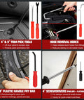 38 Piece Automotive Hose Clamp Pliers Set Plus Fuel Line Disconnect Toolkit featuring trim pick tools, removal hooks, pry bar, screwdrivers