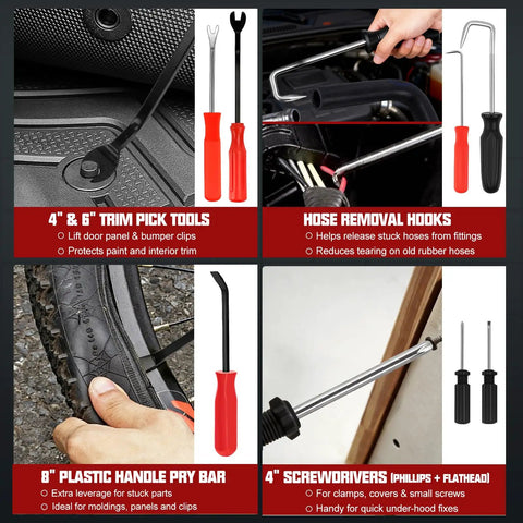 38 Piece Automotive Hose Clamp Pliers Set Plus Fuel Line Disconnect Toolkit featuring trim pick tools, removal hooks, pry bar, screwdrivers