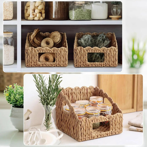 Set Of 2 Scalloped Wicker Storage Baskets With Handles For Food Organization Woven Rattan Water Hyacinth Snack Bins
