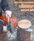 Gas Powered 26Cc 2 Cycle Top Handle Chainsaw With 12 Inch Bar cutting tree stump, showcasing anti vibration system and power RPM